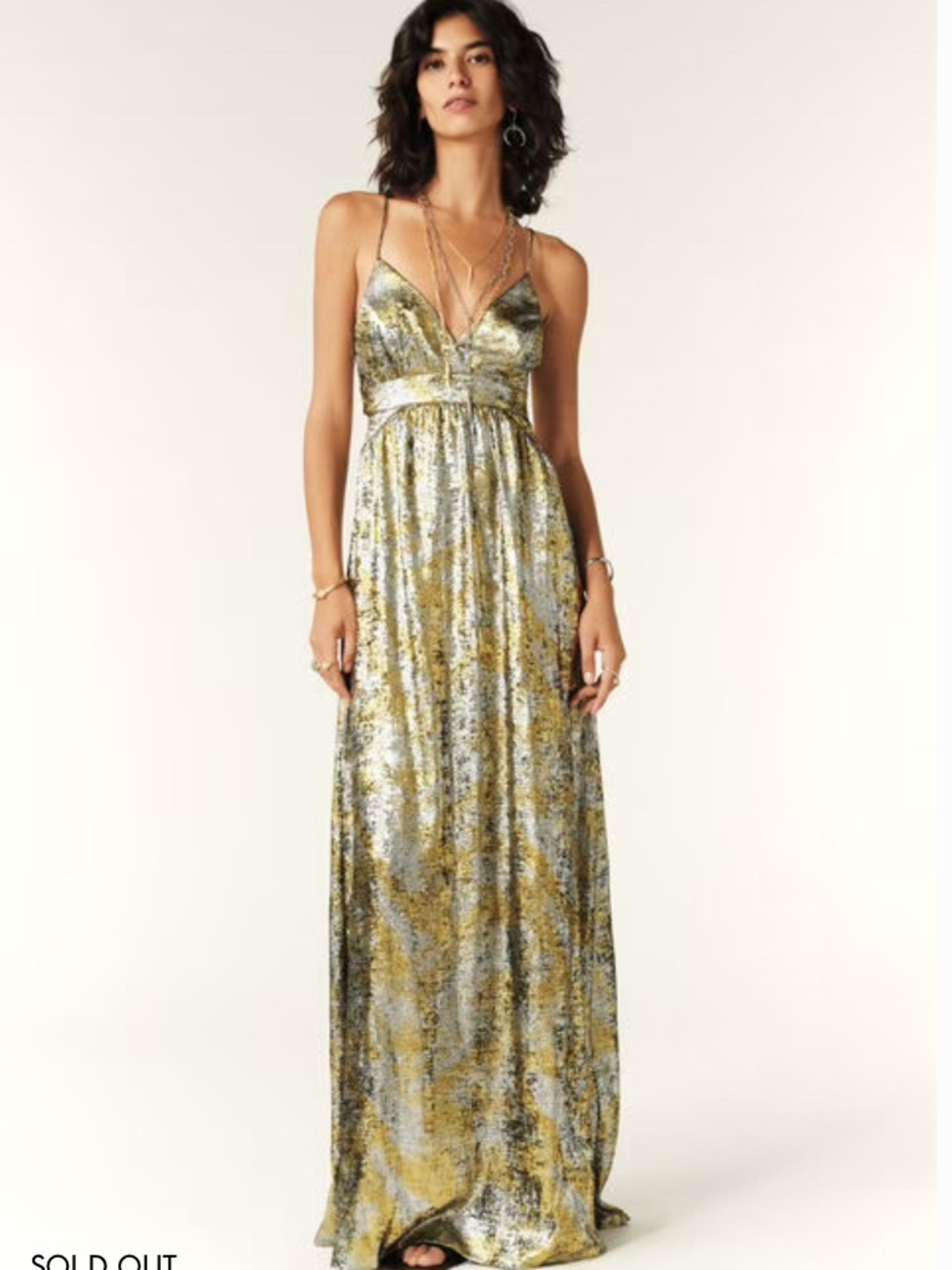 ba&sh Frankie Boho Chic Metallic Gold and Silver V-Neck Maxi Dress
